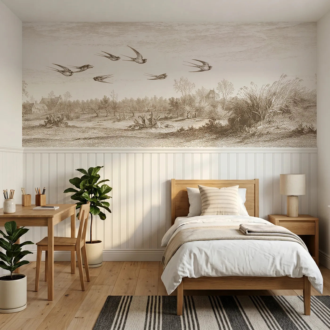Toile wainscoting wallpaper of swallows over the meadow in brown by Whimsy Tots