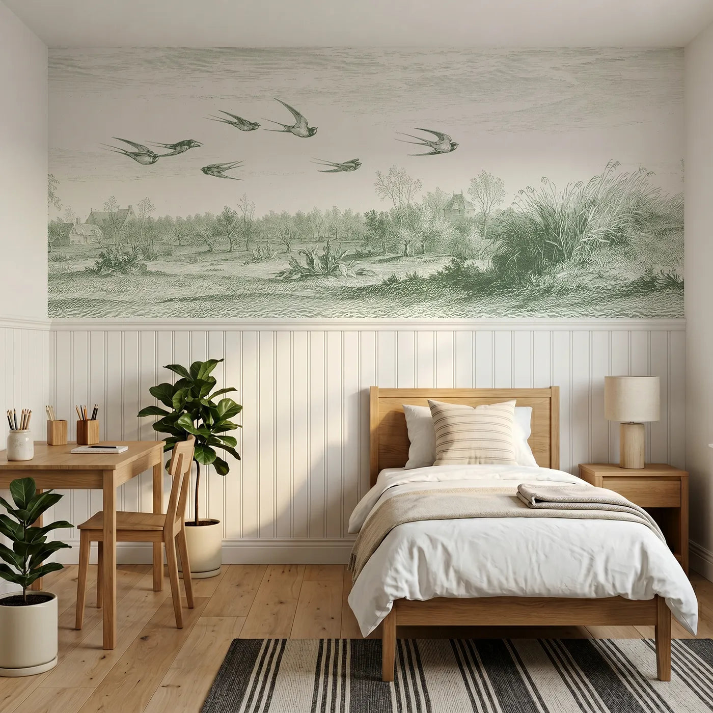 Toile wainscoting wallpaper of swallows over the meadow in green by Whimsy Tots