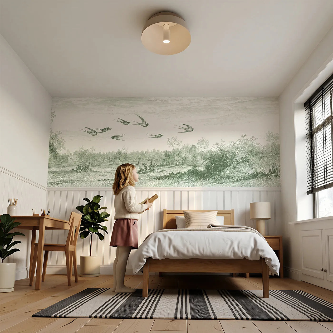 Child reading near Swallows Over The Meadow Wainscoting Wallpaper in Green by Whimsy Tots