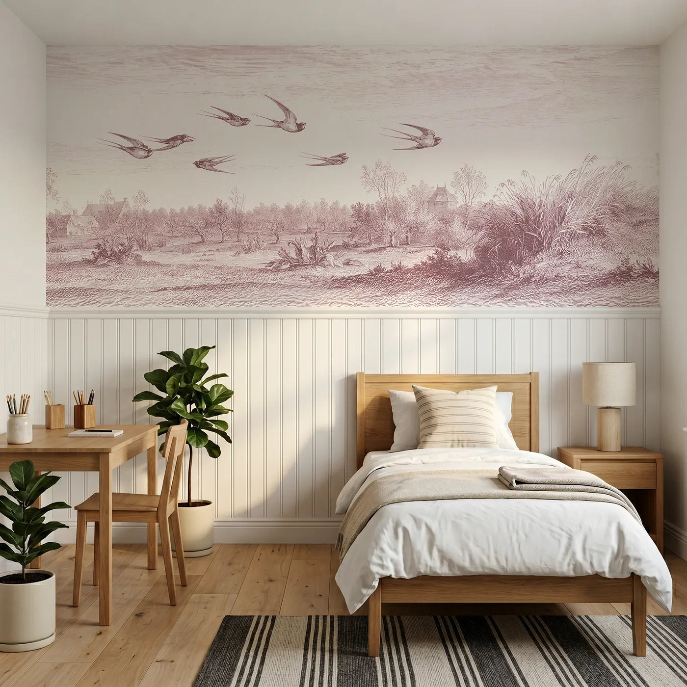 Toile wainscoting wallpaper of swallows over the meadow in pink by Whimsy Tots