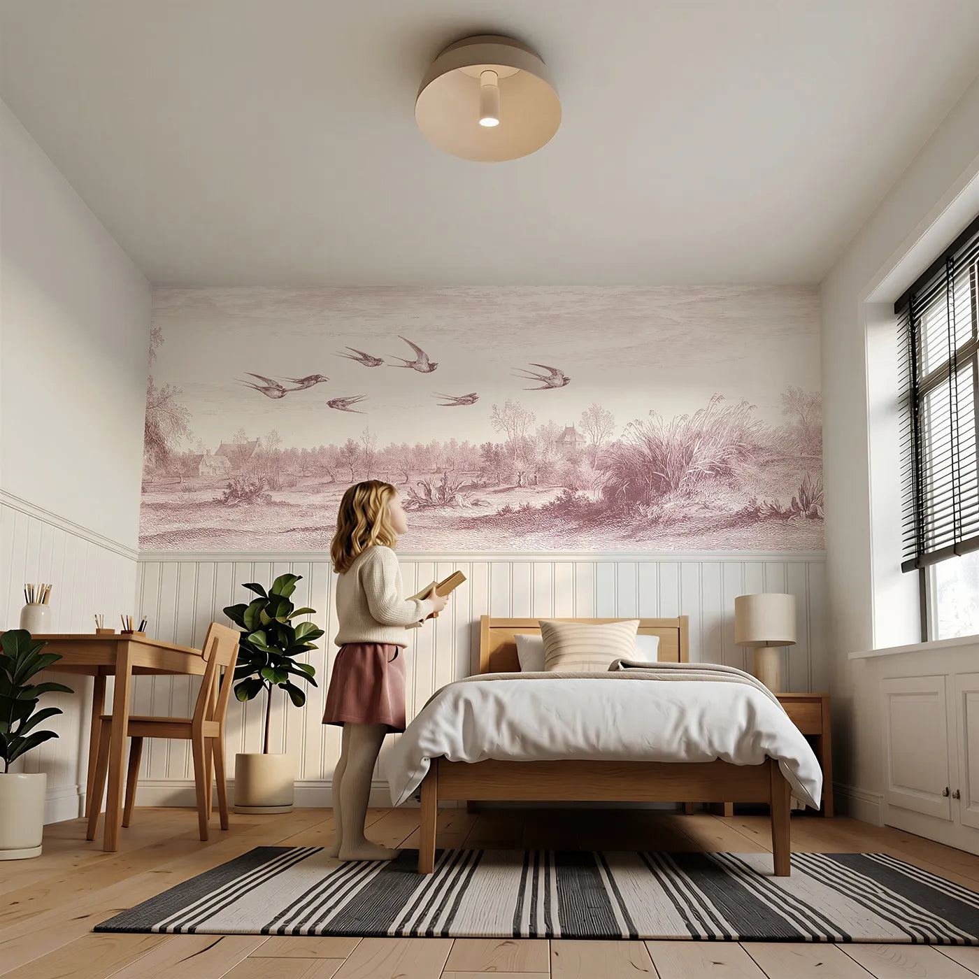 Child reading near Swallows Over The Meadow Wainscoting Wallpaper in Pink by Whimsy Tots