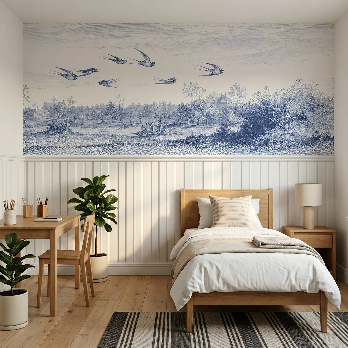 Toile wainscoting wallpaper of swallows over the meadow by Whimsy Tots