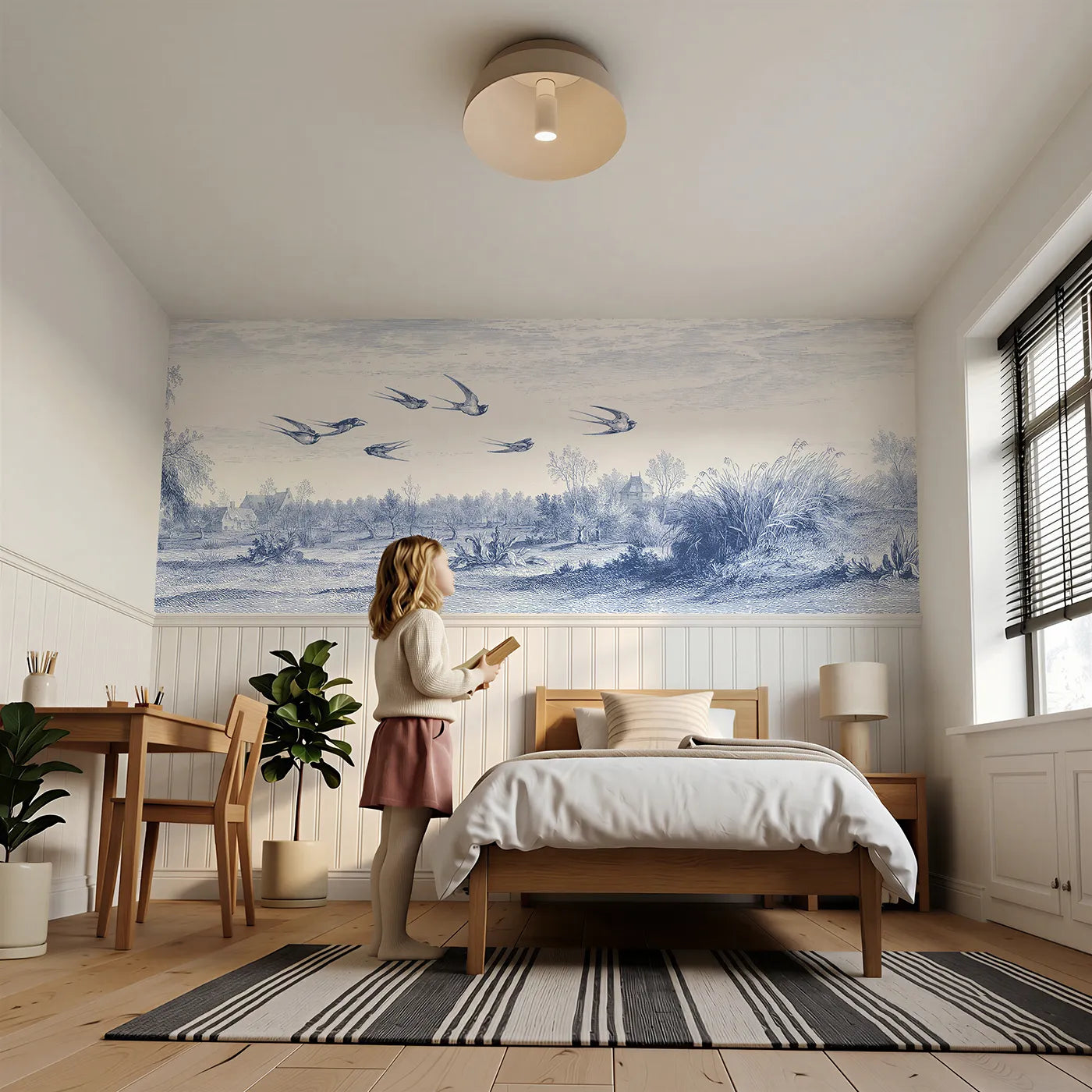 Child reading near Swallows Over The Meadow Wainscoting Wallpaper by Whimsy Tots