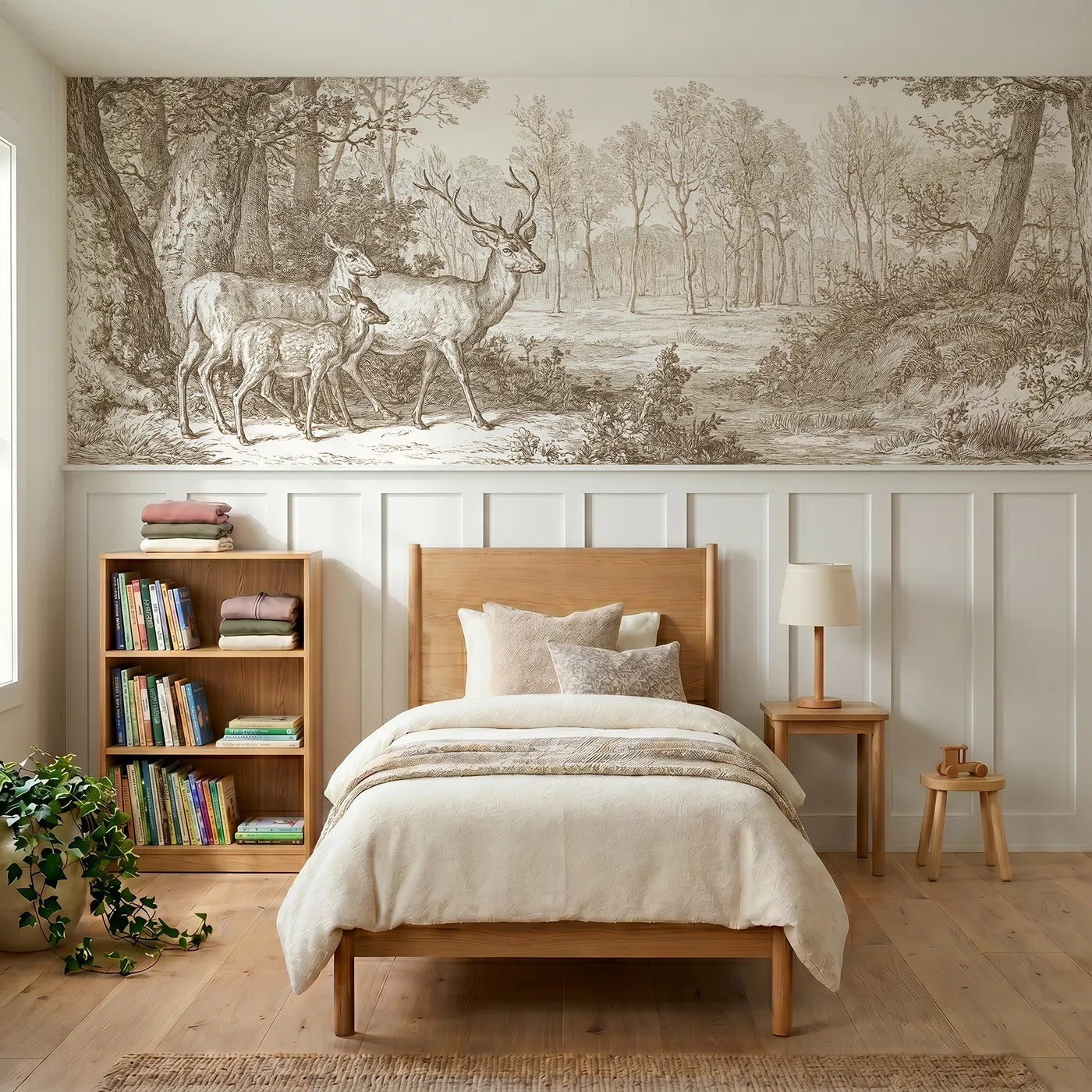 Toile wainscoting wallpaper of deer at the copse edge in brown by Whimsy Tots