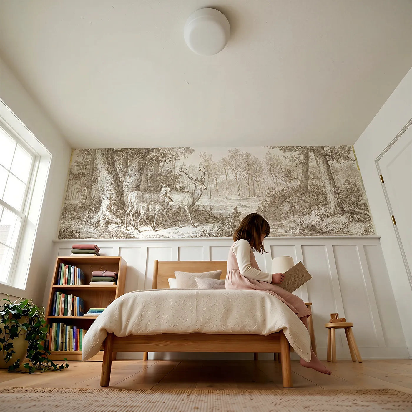 Child reading near Deer At The Copse Edge Wainscoting Wallpaper in Brown by Whimsy Tots