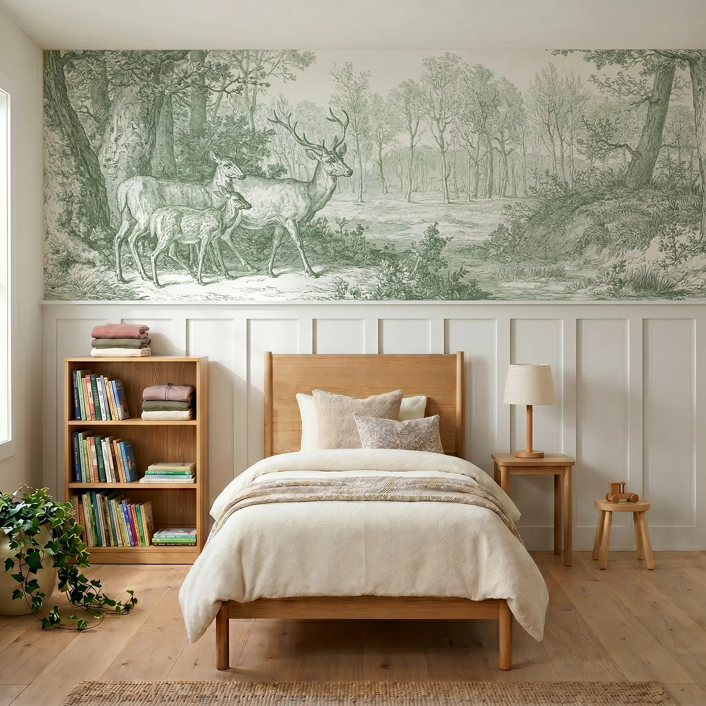 Toile wainscoting wallpaper of deer at the copse edge in green by Whimsy Tots