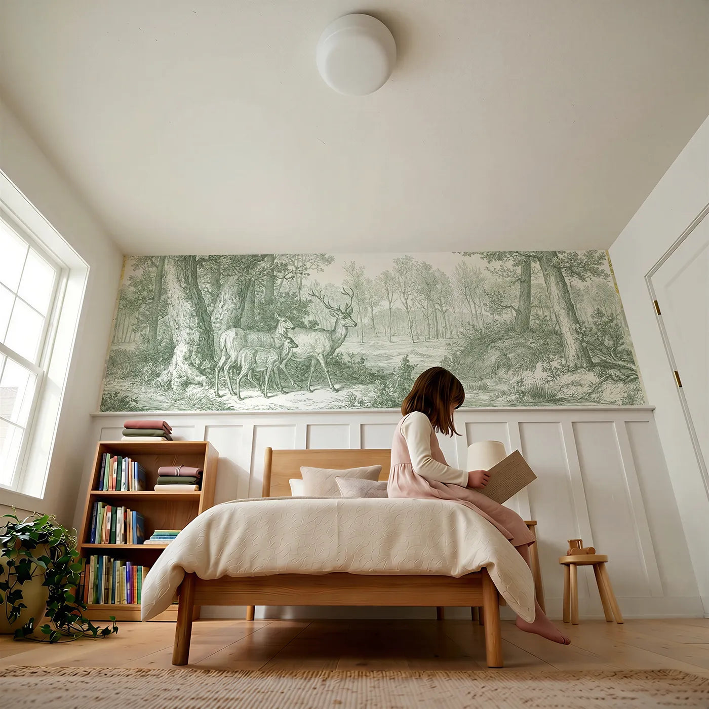 Child reading near Deer At The Copse Edge Wainscoting Wallpaper in Green by Whimsy Tots