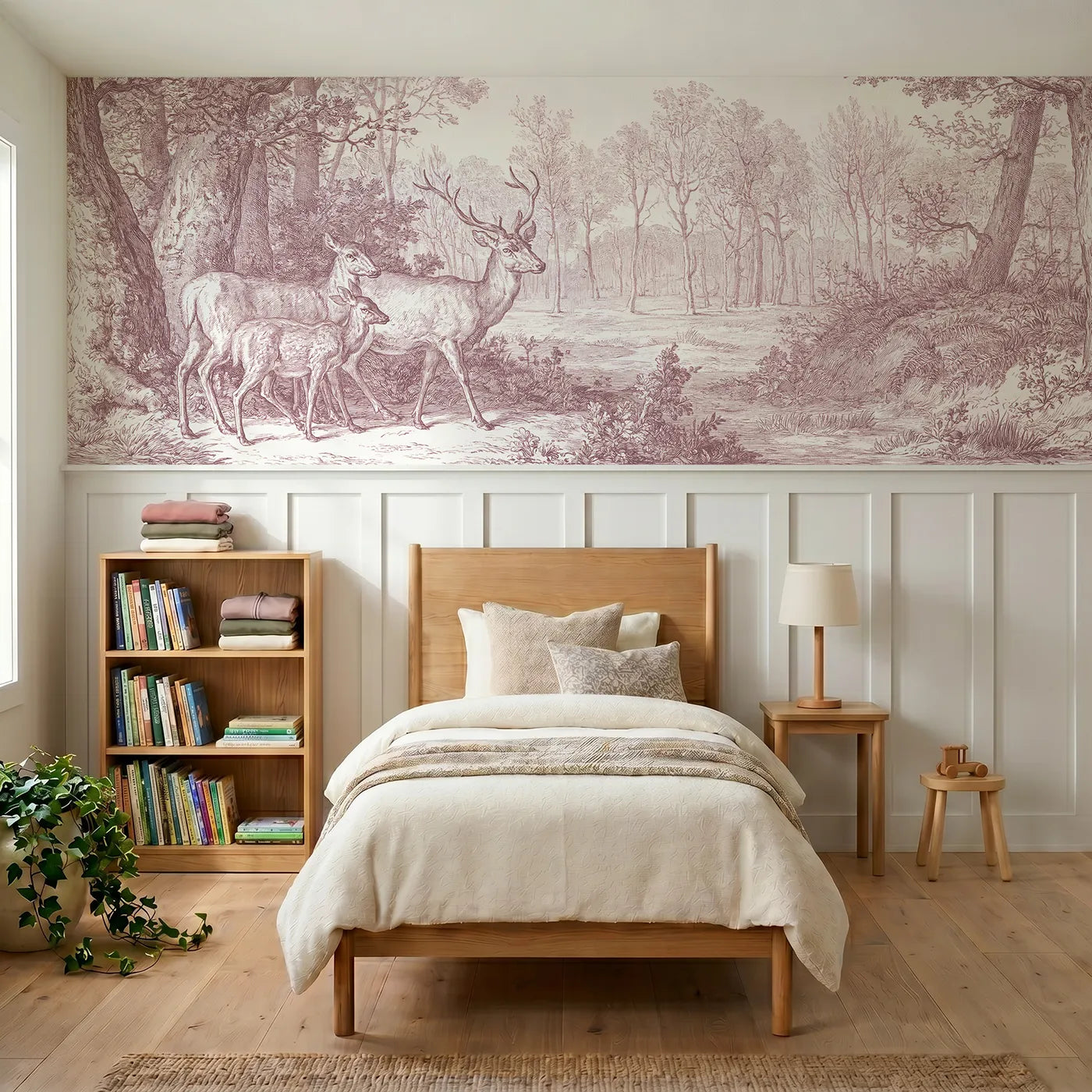Toile wainscoting wallpaper of deer at the copse edge in pink by Whimsy Tots