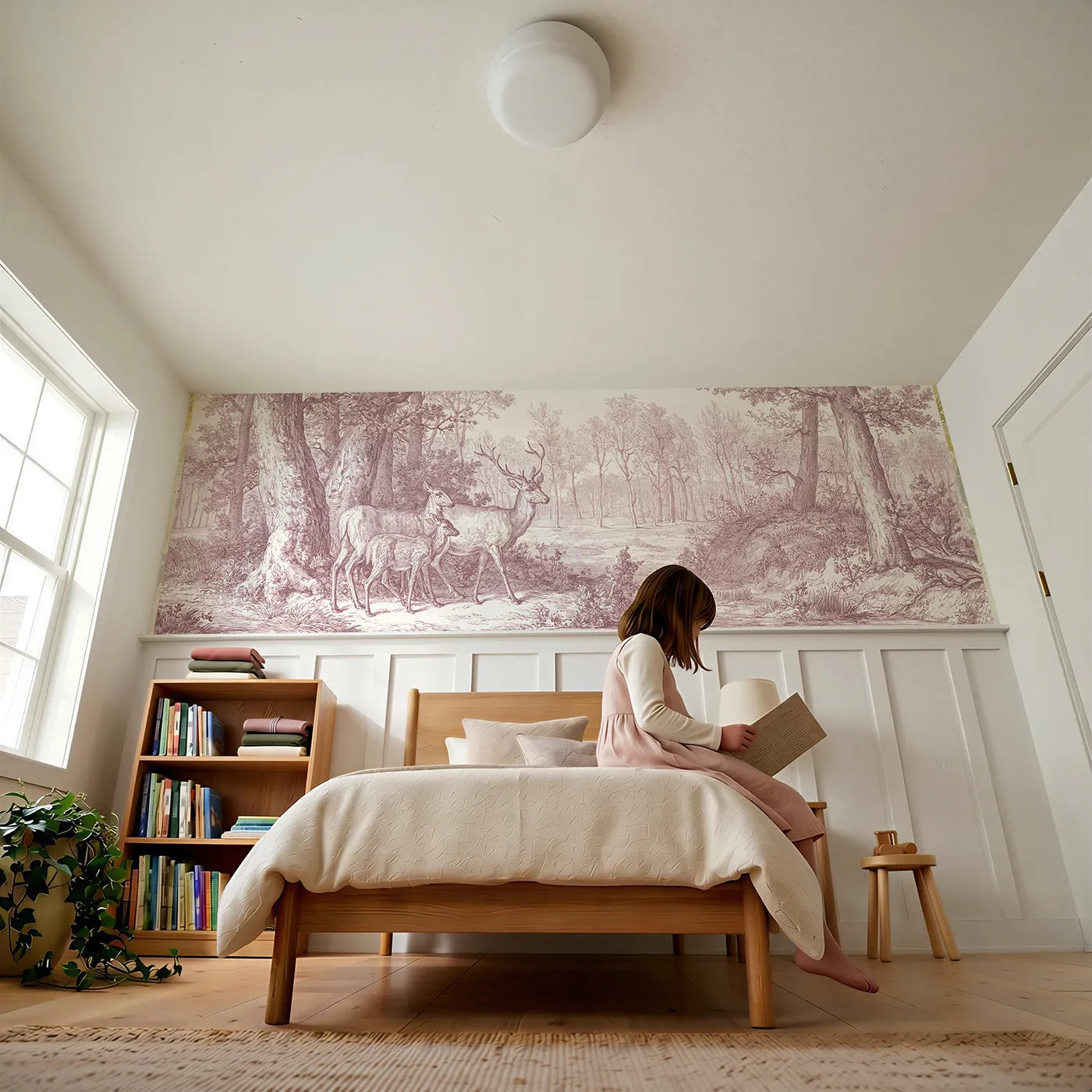 Child reading near Deer At The Copse Edge Wainscoting Wallpaper in Pink by Whimsy Tots