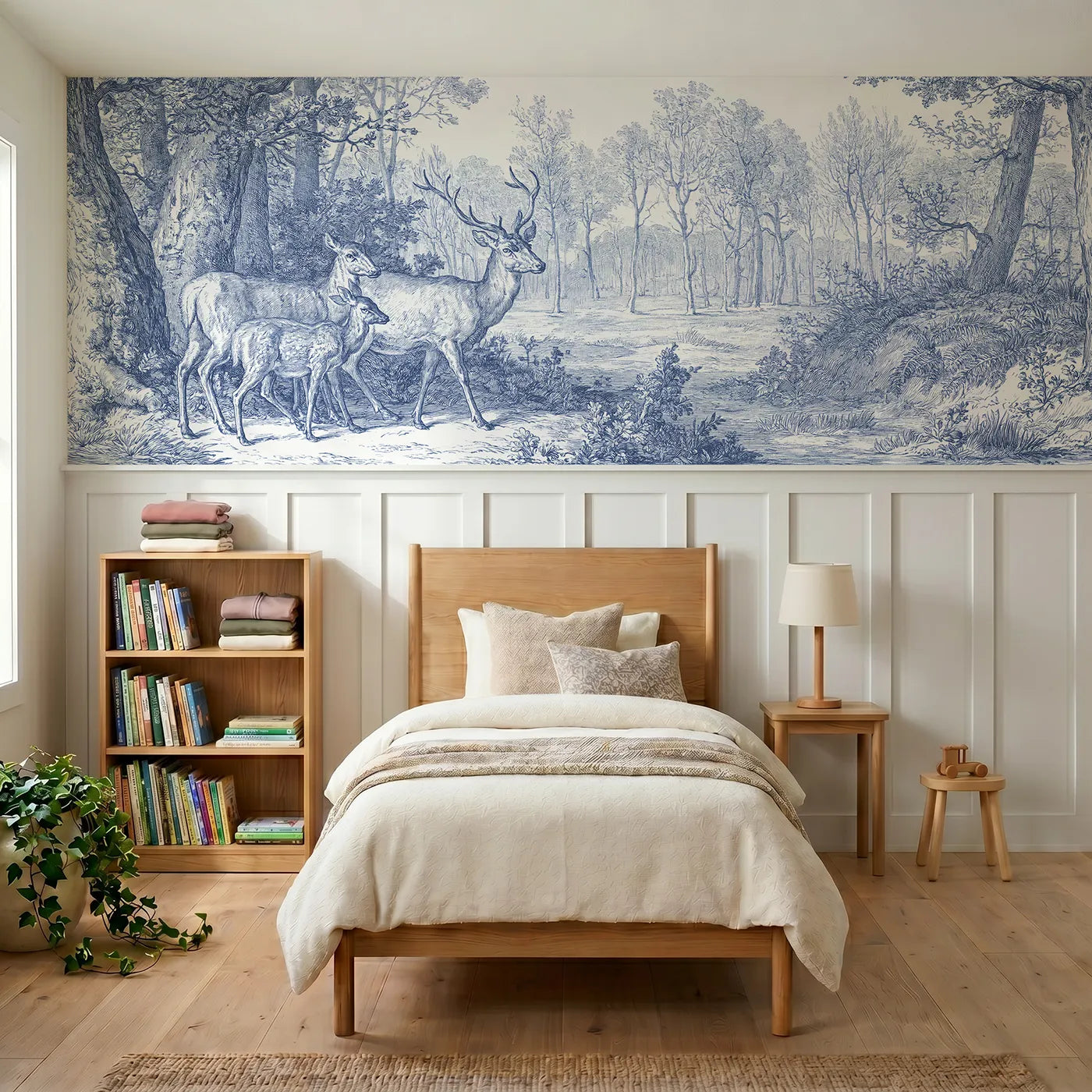 Toile wainscoting wallpaper of deer at the copse edge by Whimsy Tots