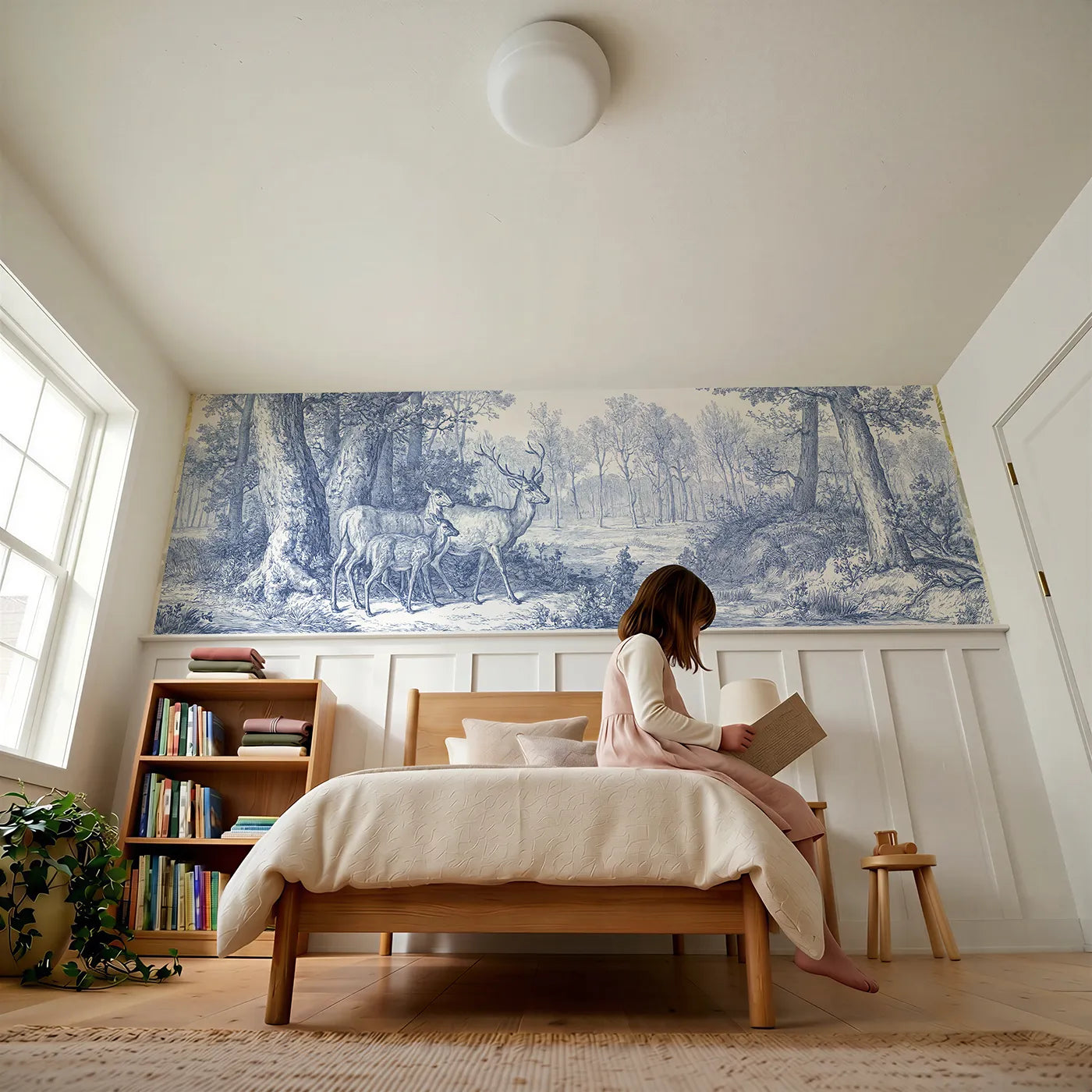 Child reading near Deer At The Copse Edge Wainscoting Wallpaper by Whimsy Tots