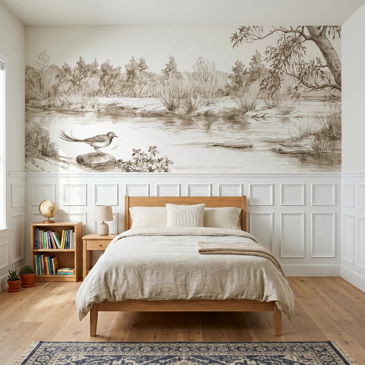 Toile wainscoting wallpaper of the wagtail at the ford in brown by Whimsy Tots