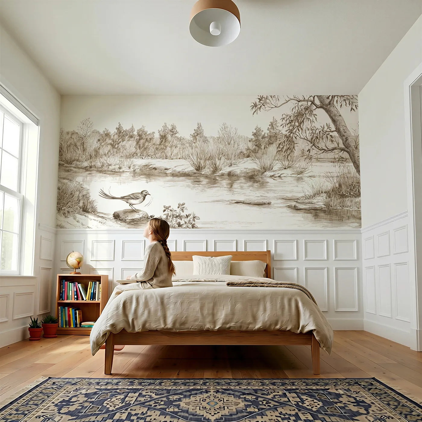 Child reading near Wagtail At The Ford Wainscoting Wallpaper in Brown by Whimsy Tots