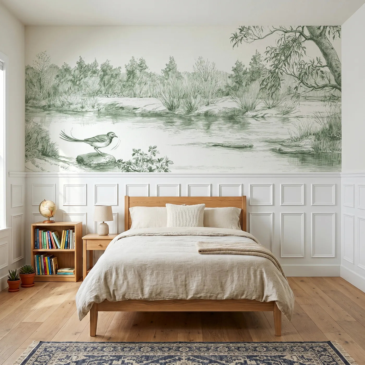 Toile wainscoting wallpaper of the wagtail at the ford in green by Whimsy Tots