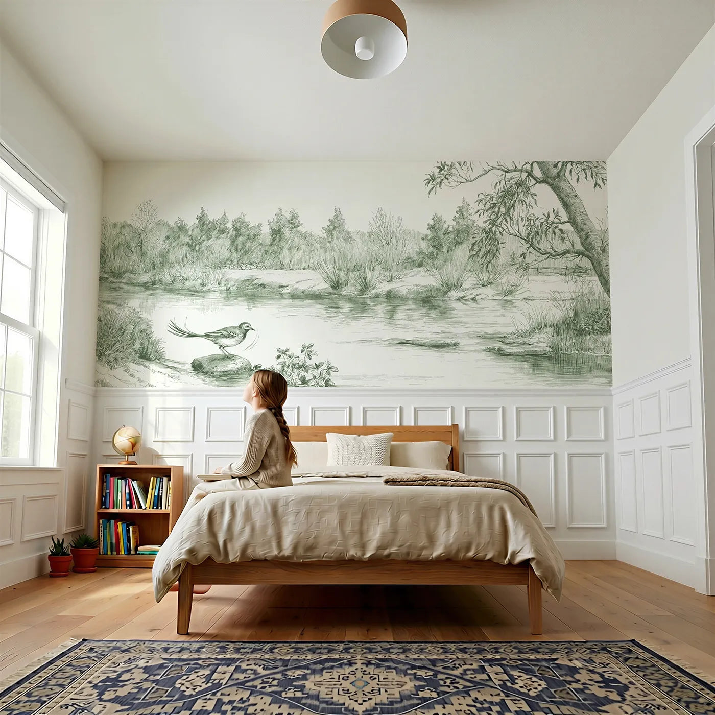 Child reading near Wagtail At The Ford Wainscoting Wallpaper in Green by Whimsy Tots