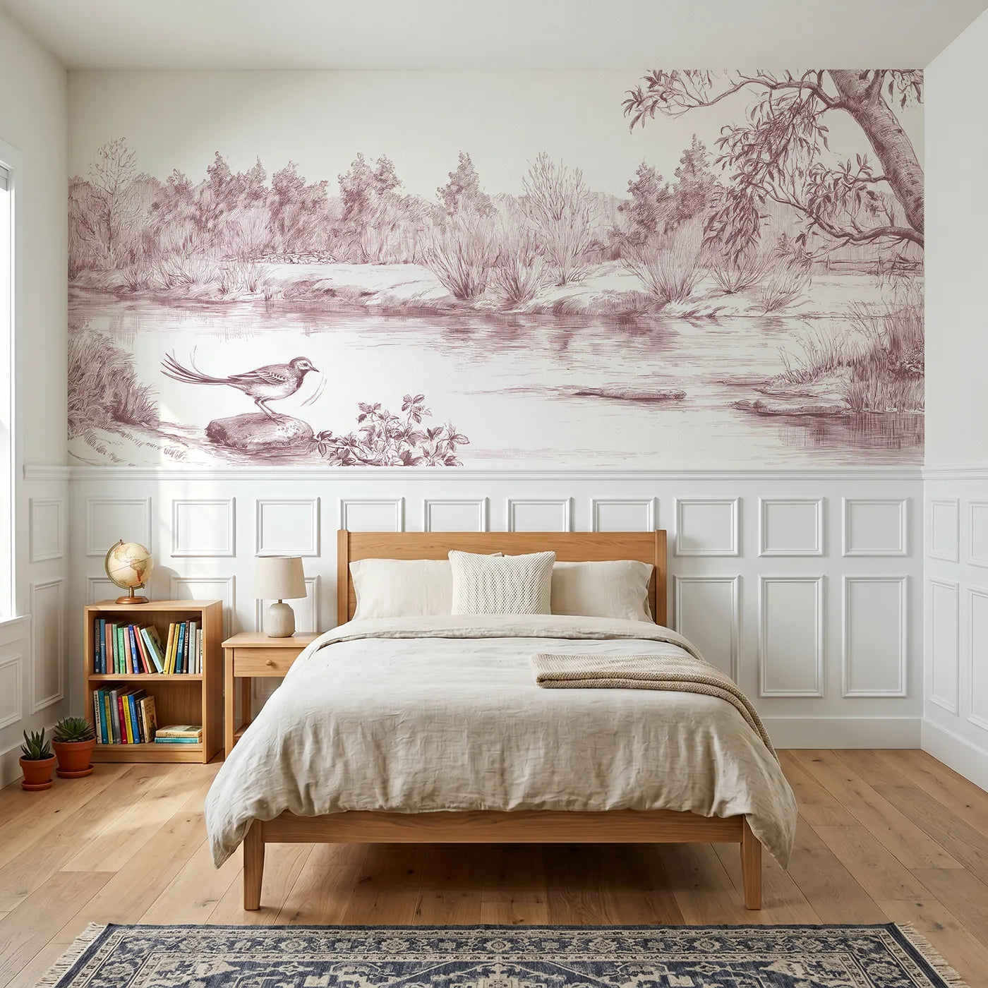 Toile wainscoting wallpaper of the wagtail at the ford in pink by Whimsy Tots