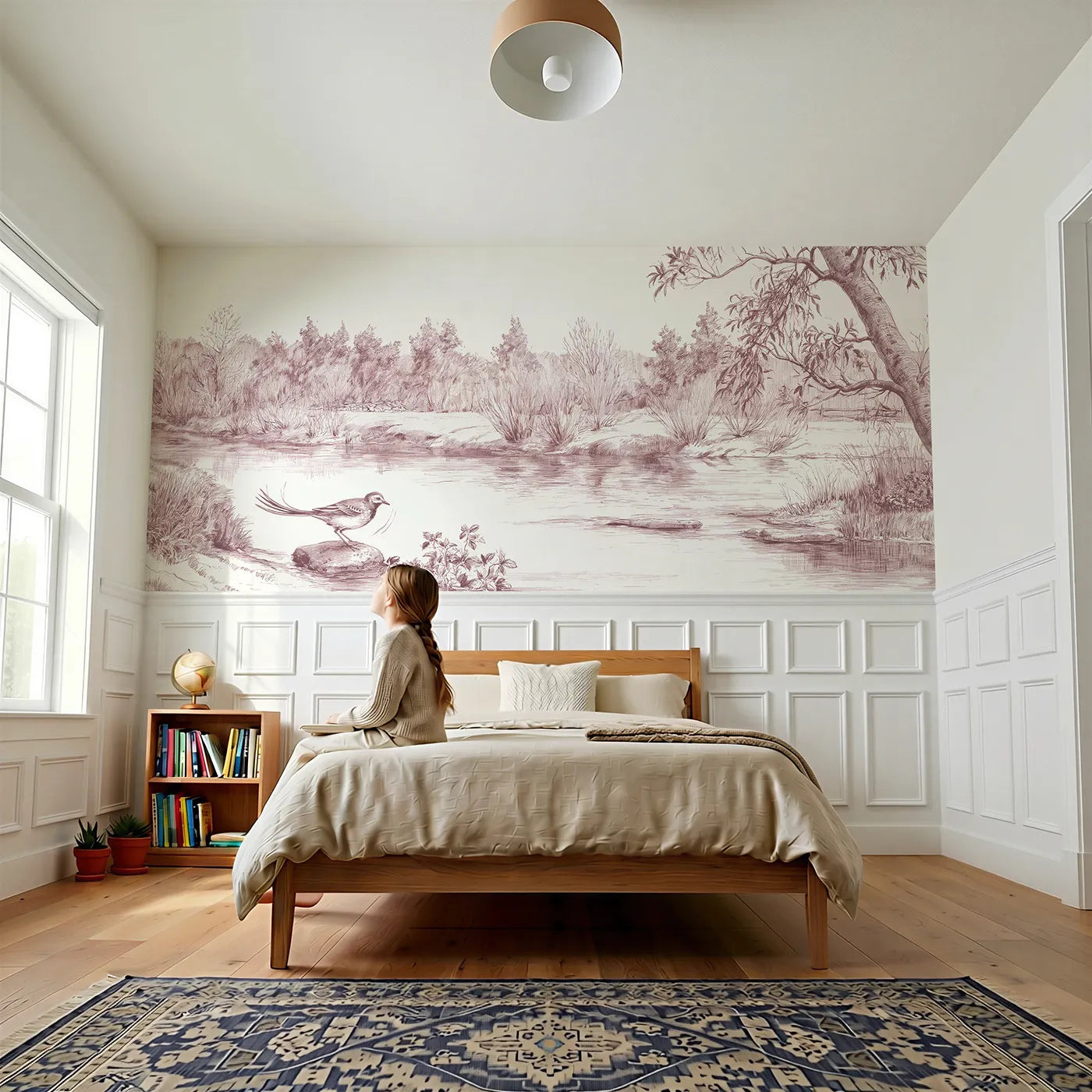 Child reading near Wagtail At The Ford Wainscoting Wallpaper in Pink by Whimsy Tots