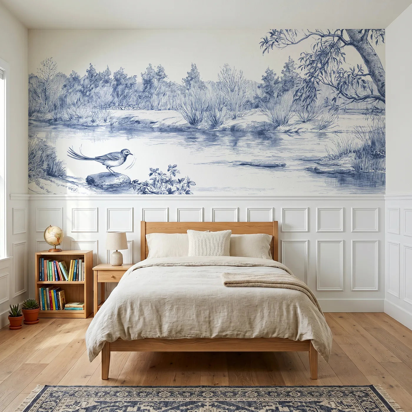 Toile wainscoting wallpaper of the wagtail at the ford by Whimsy Tots