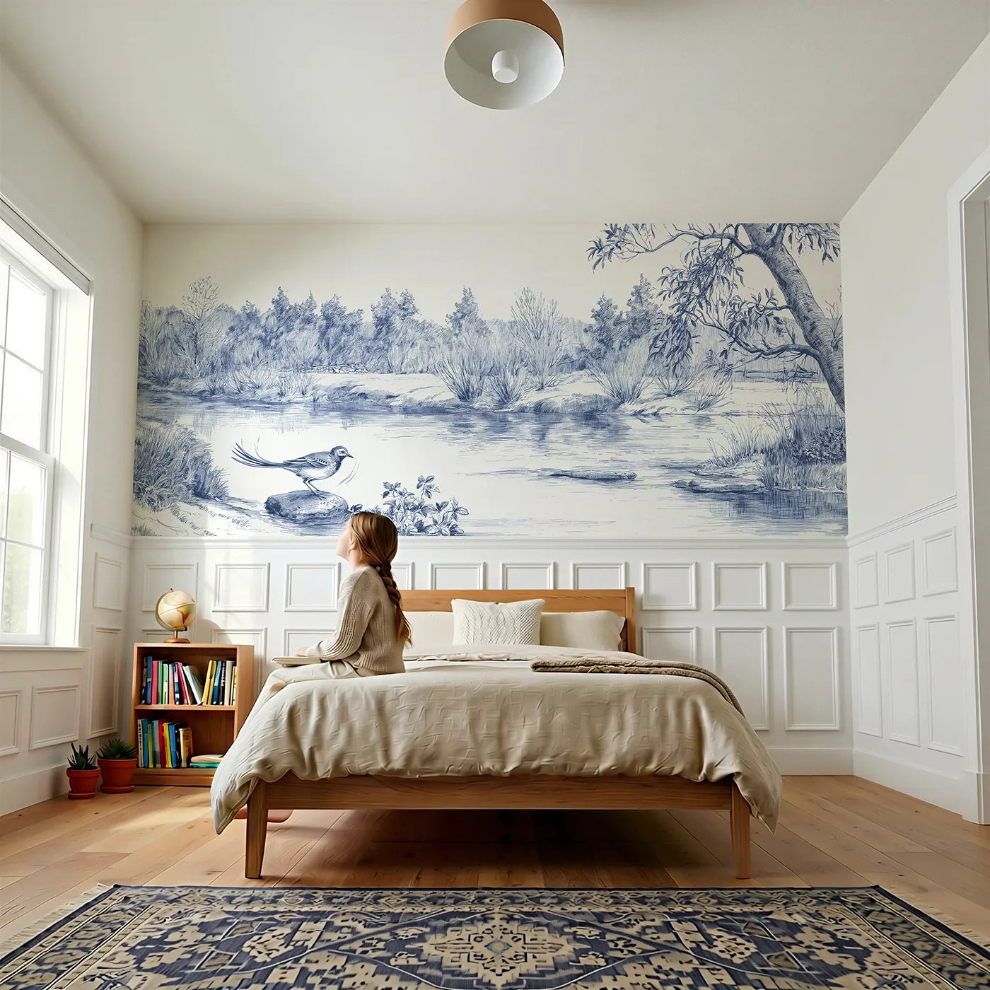 Child reading near Wagtail At The Ford Wainscoting Wallpaper by Whimsy Tots