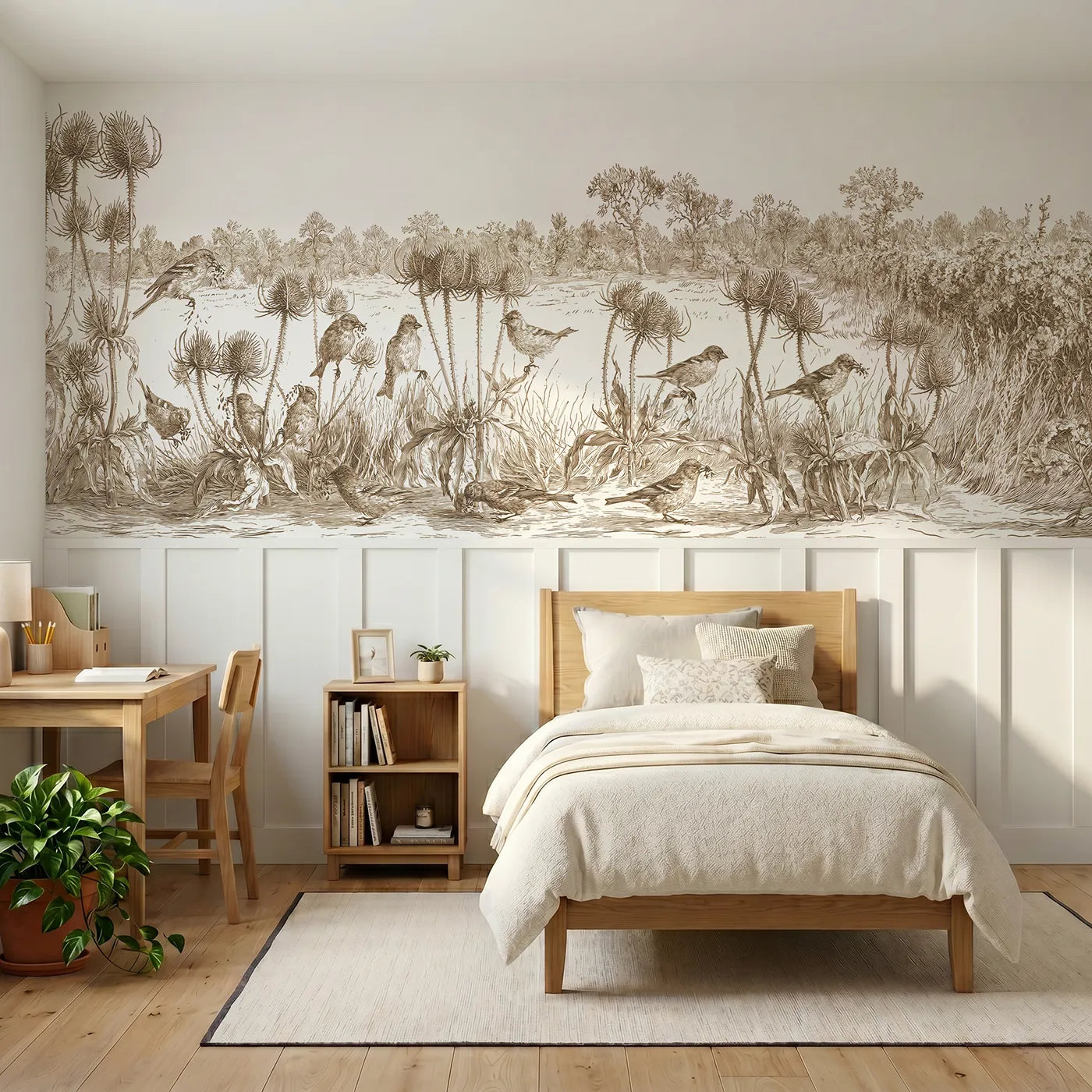 Toile wainscoting wallpaper of finches on the teasels in brown by Whimsy Tots