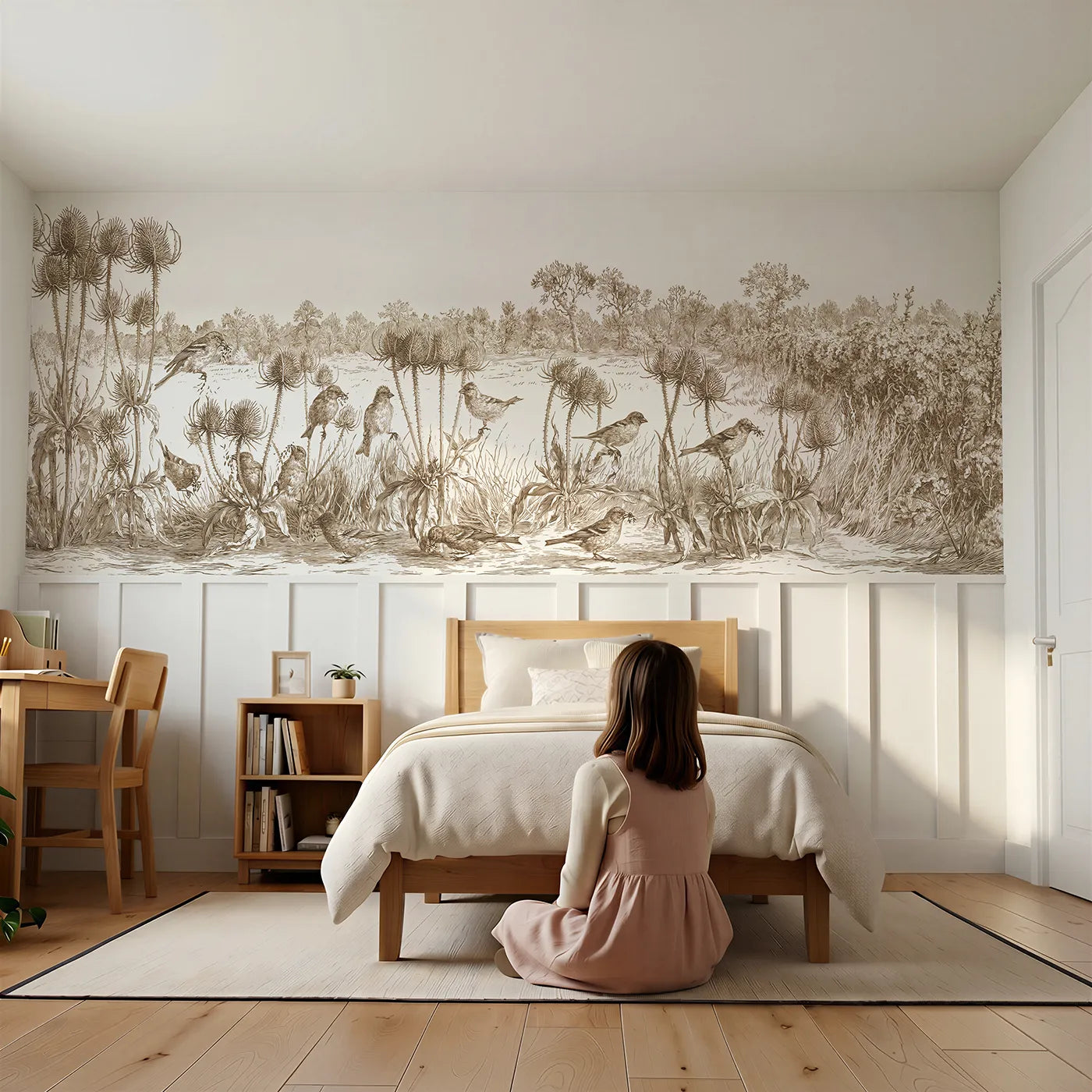 Child reading near Finches On The Teasels Wainscoting Wallpaper in Brown by Whimsy Tots