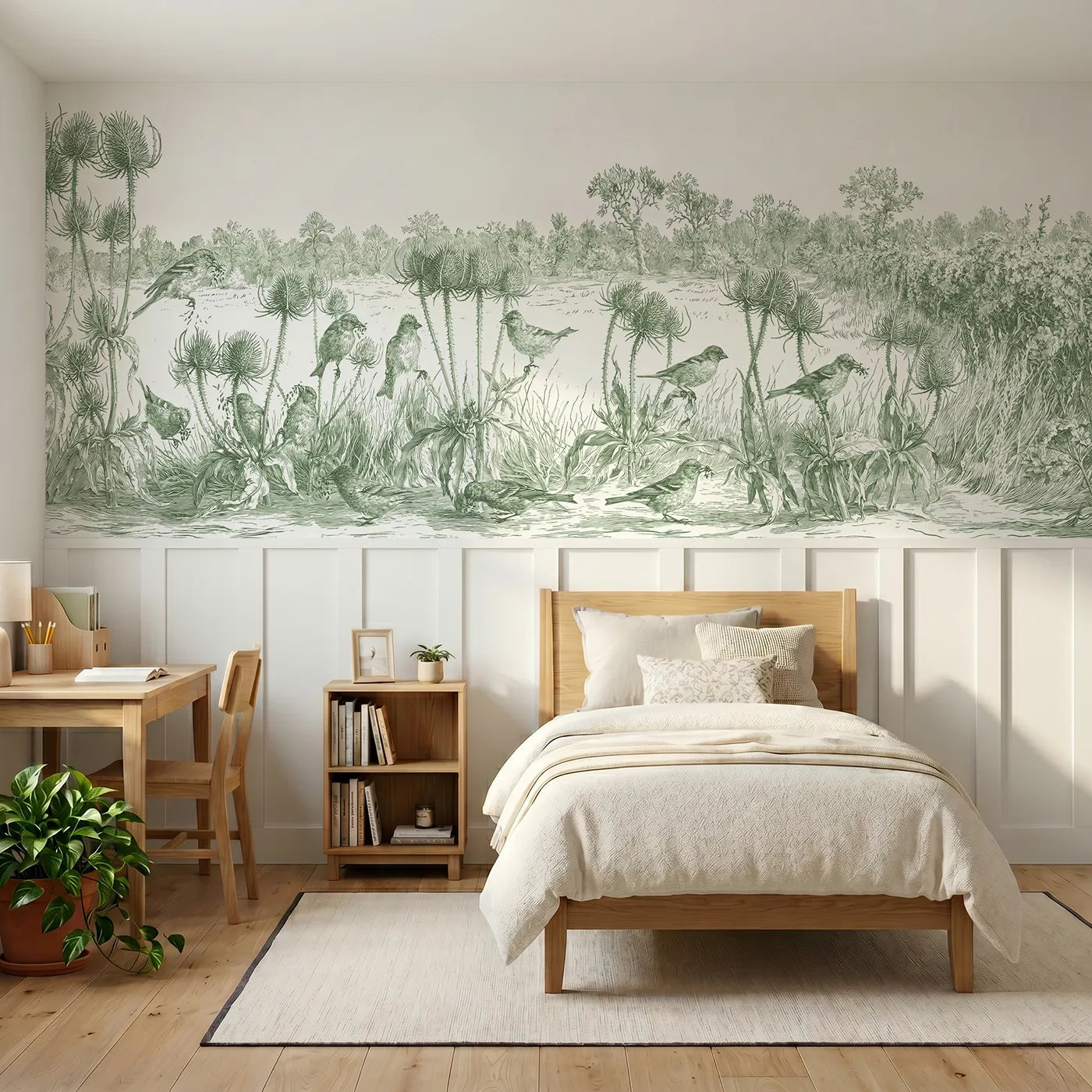 Toile wainscoting wallpaper of finches on the teasels in green by Whimsy Tots