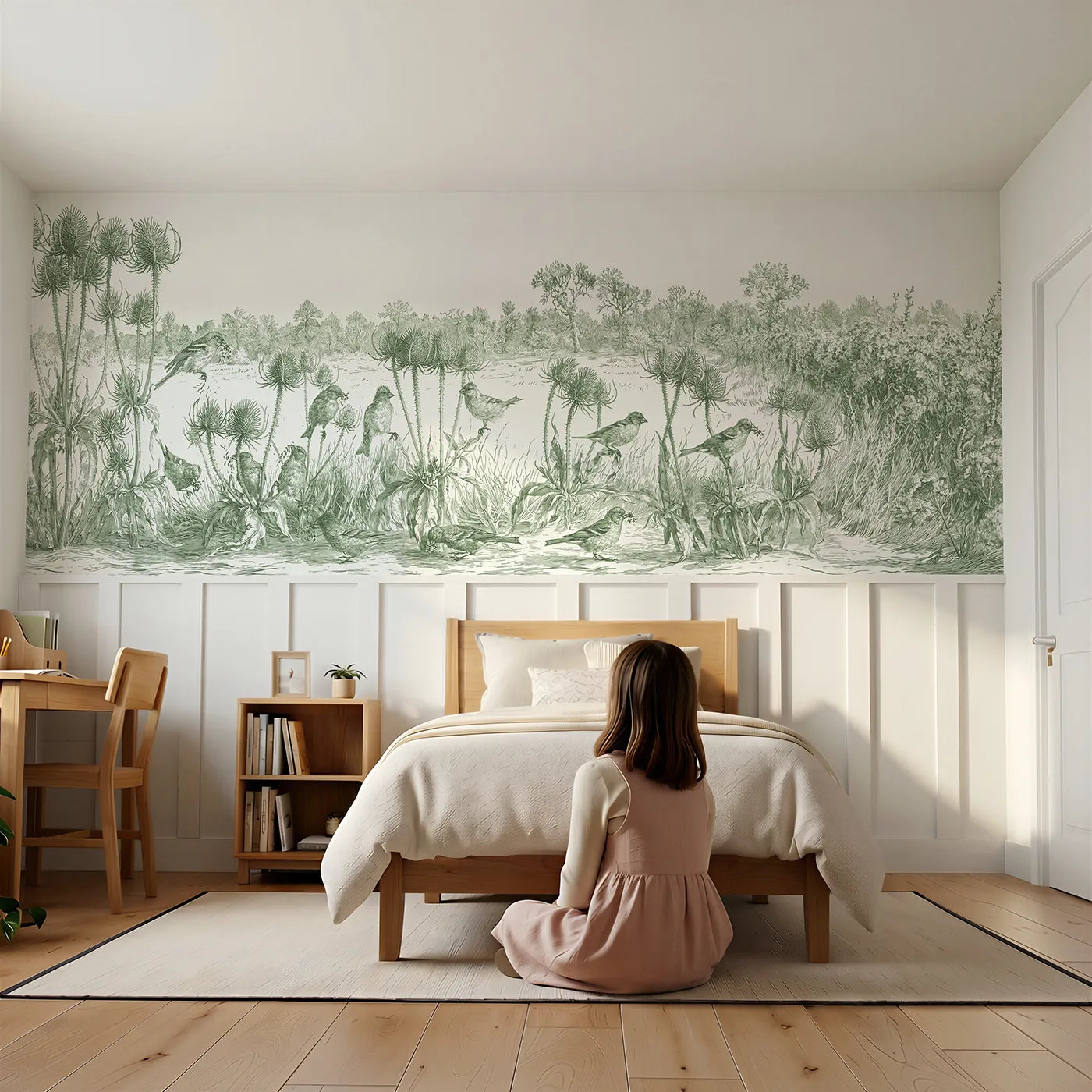 Child reading near Finches On The Teasels Wainscoting Wallpaper in Green by Whimsy Tots