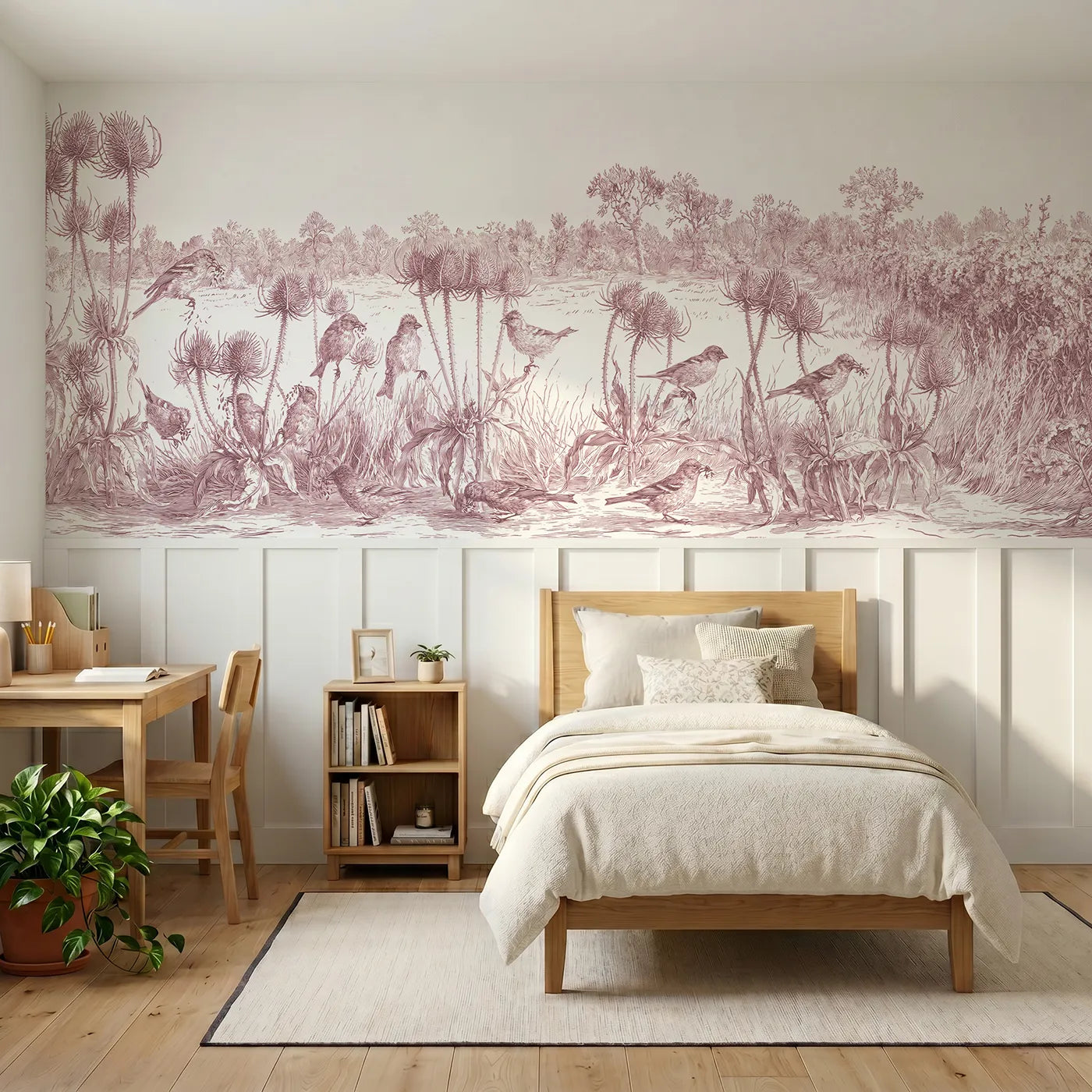 Toile wainscoting wallpaper of finches on the teasels in pink by Whimsy Tots
