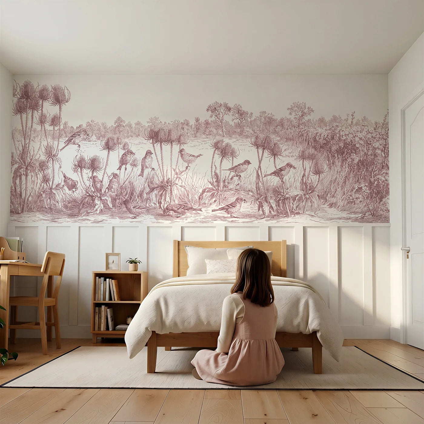 Child reading near Finches On The Teasels Wainscoting Wallpaper in Pink by Whimsy Tots