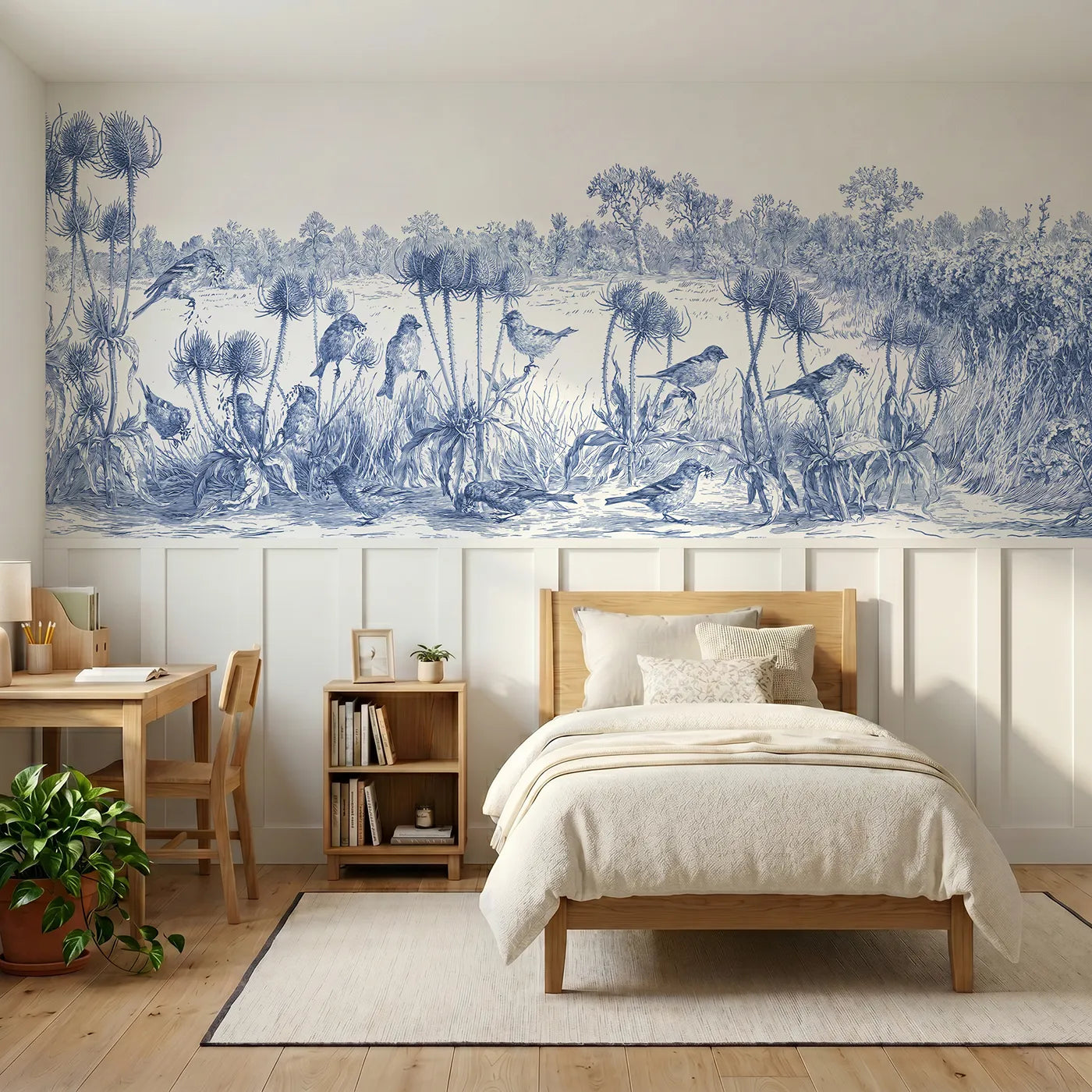 Toile wainscoting wallpaper of finches on the teasels by Whimsy Tots