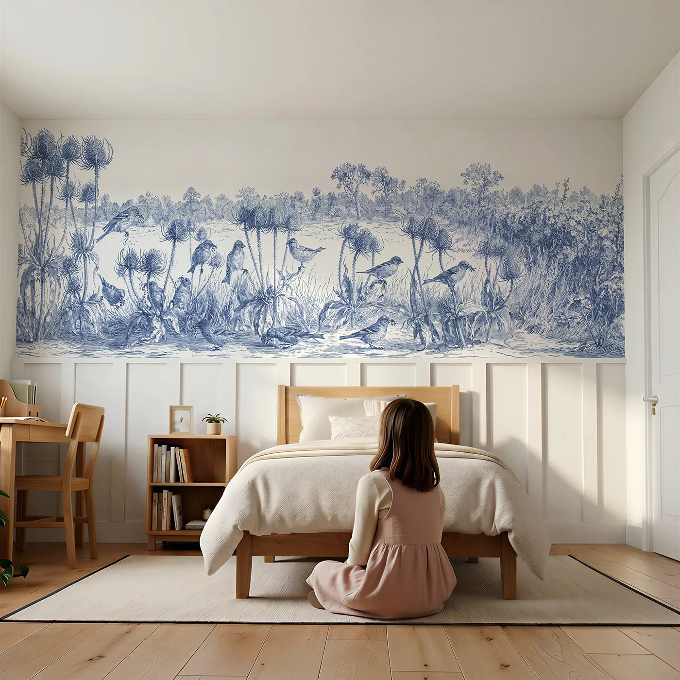 Child reading near Finches On The Teasels Wainscoting Wallpaper by Whimsy Tots