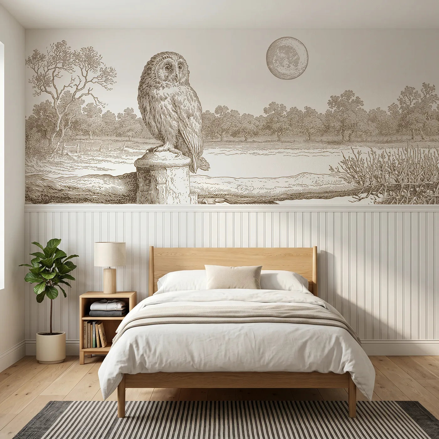 Toile wainscoting wallpaper of the owl at moonrise in brown by Whimsy Tots