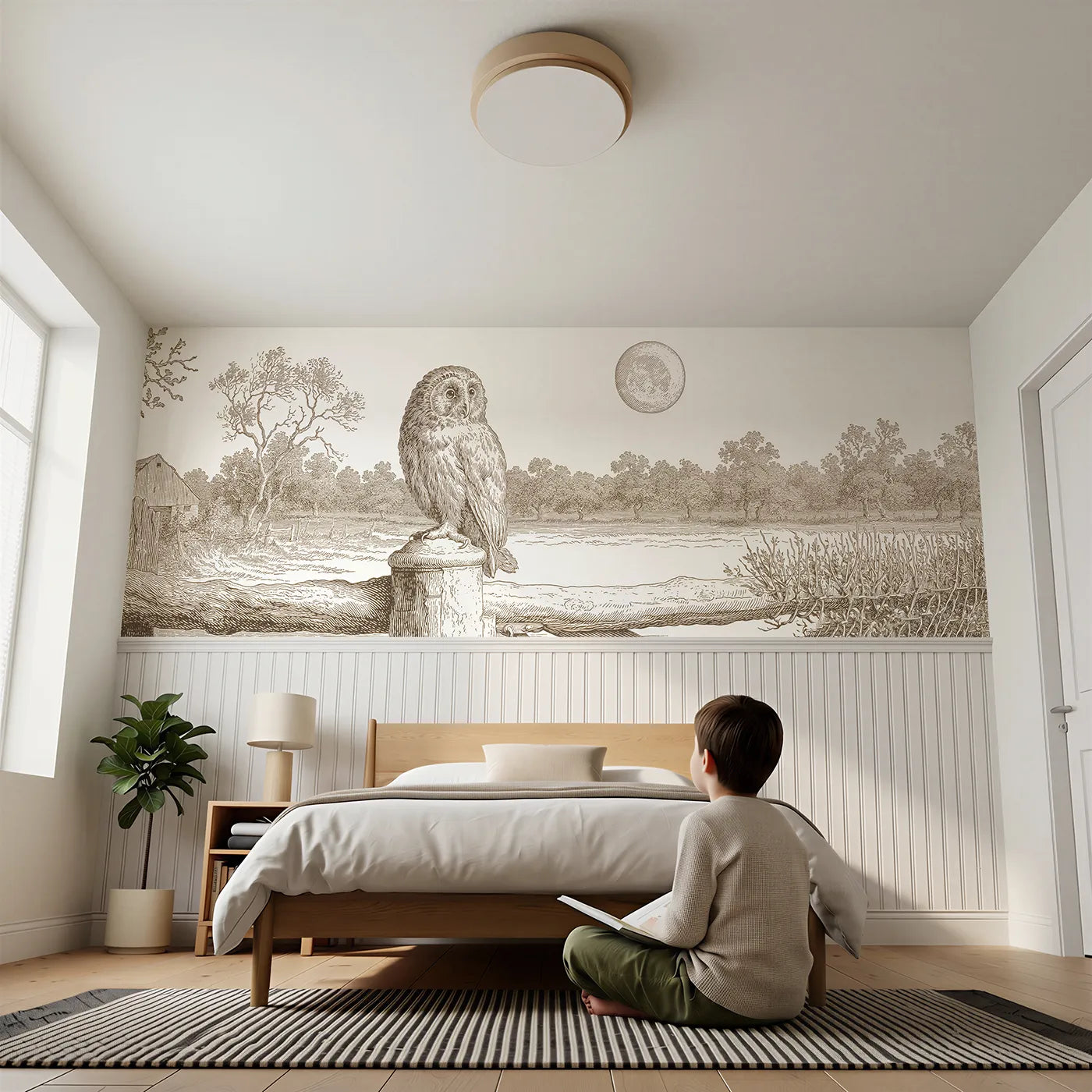 Child reading near The Owl At Moonrise Wainscoting Wallpaper in Brown by Whimsy Tots