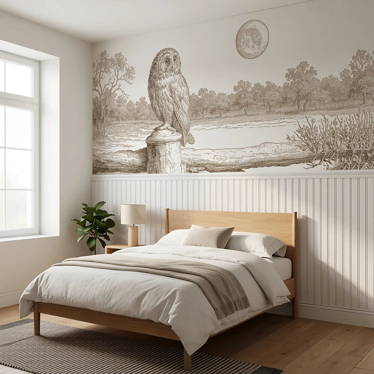 The Owl At Moonrise Wainscoting Wallpaper in Brown styled in a kids room by Whimsy Tots