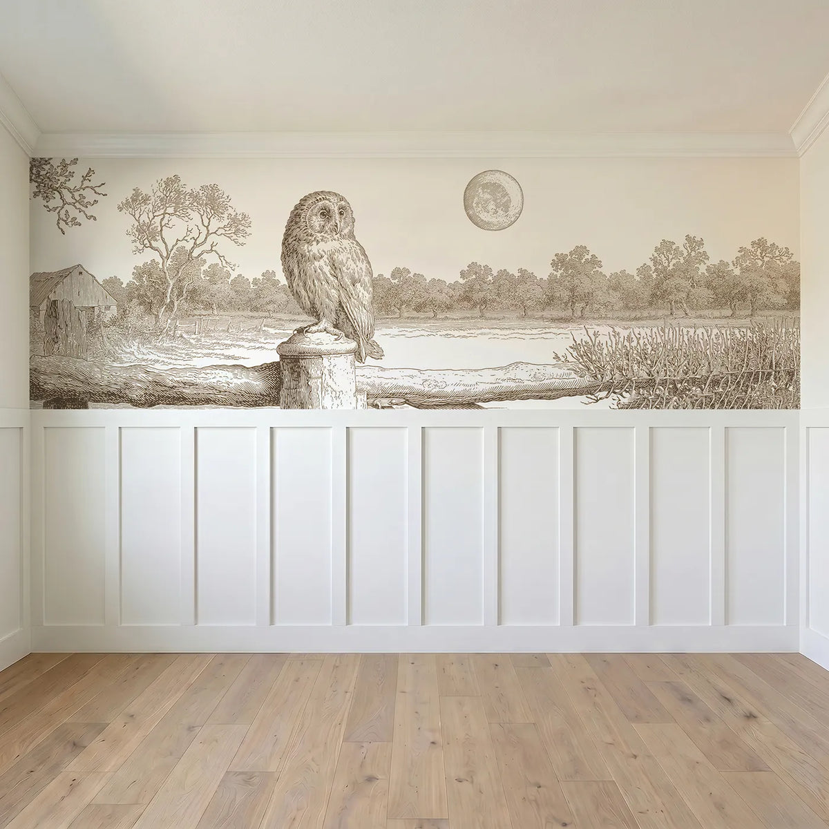 Full panel view of The Owl At Moonrise Wainscoting Wallpaper in Brown by Whimsy Tots