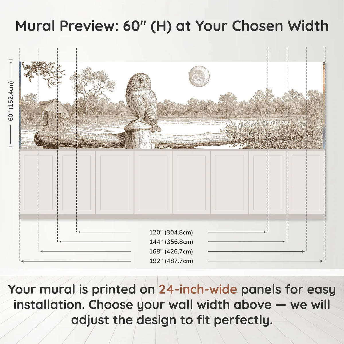 Panel dimensions for The Owl At Moonrise Wainscoting Wallpaper in Brown by Whimsy Tots