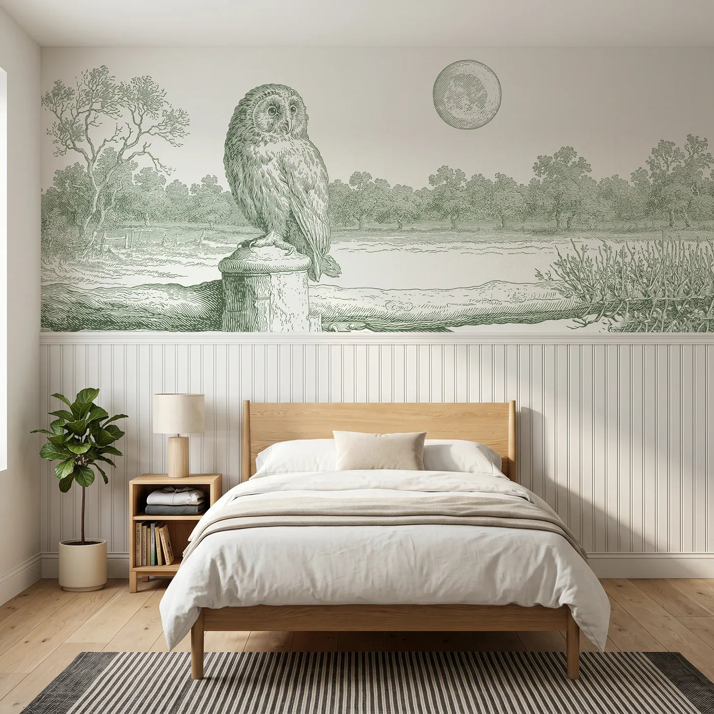 Toile wainscoting wallpaper of the owl at moonrise in green by Whimsy Tots