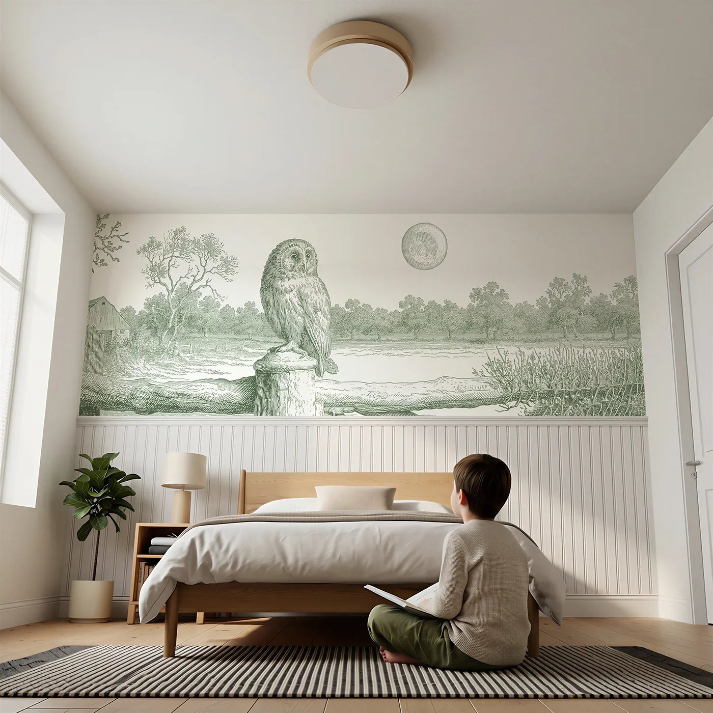 Child reading near The Owl At Moonrise Wainscoting Wallpaper in Green by Whimsy Tots