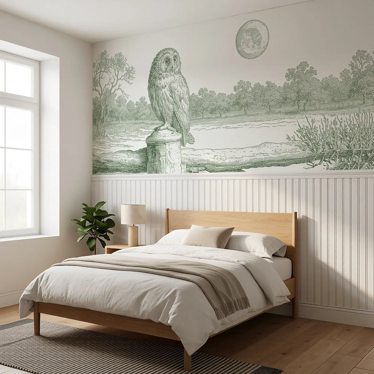 The Owl At Moonrise Wainscoting Wallpaper in Green styled in a kids room by Whimsy Tots
