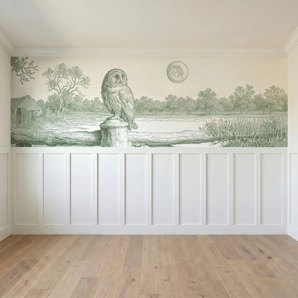 Full panel view of The Owl At Moonrise Wainscoting Wallpaper in Green by Whimsy Tots