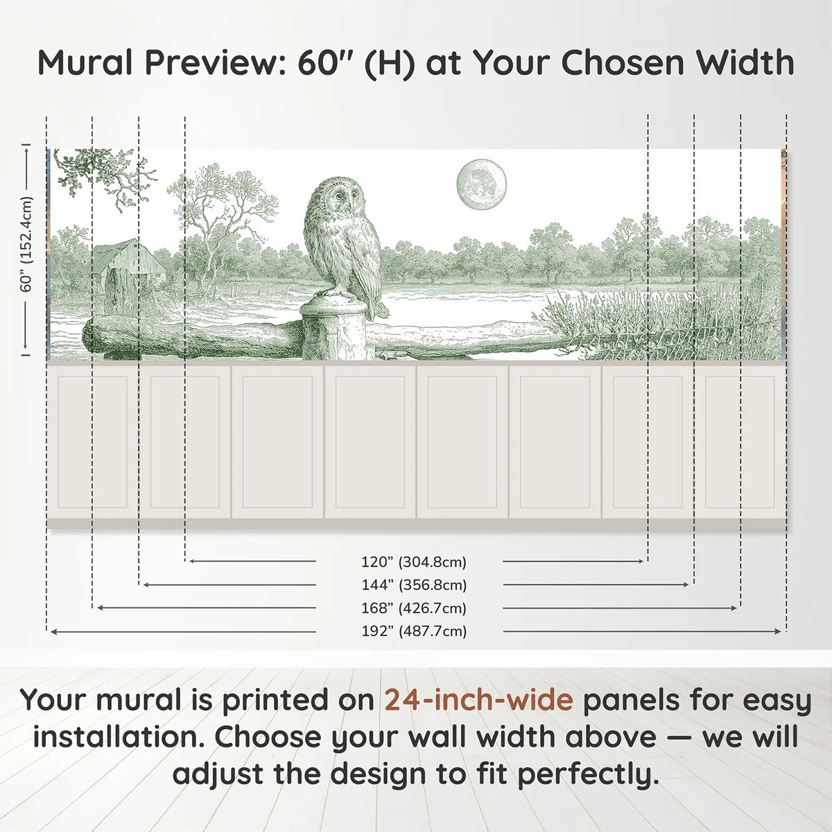 Panel dimensions for The Owl At Moonrise Wainscoting Wallpaper in Green by Whimsy Tots