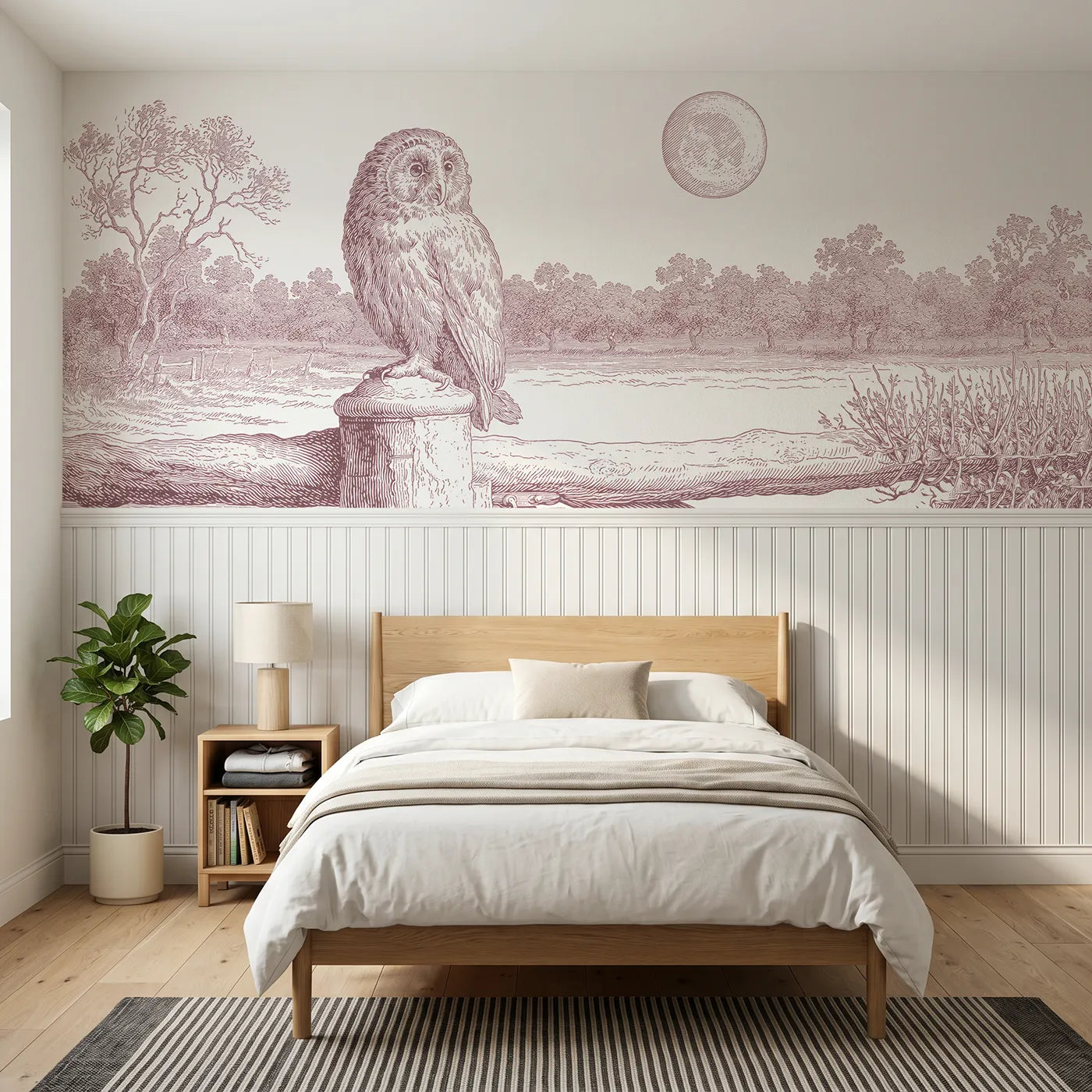 Toile wainscoting wallpaper of the owl at moonrise in pink by Whimsy Tots