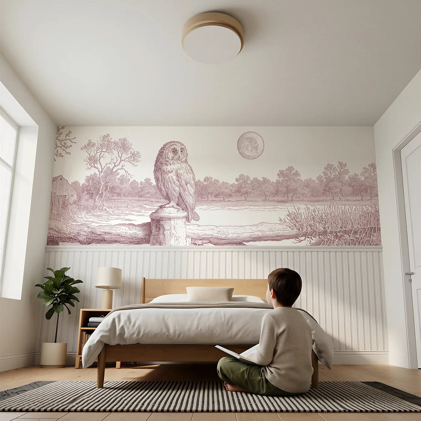 Child reading near The Owl At Moonrise Wainscoting Wallpaper in Pink by Whimsy Tots