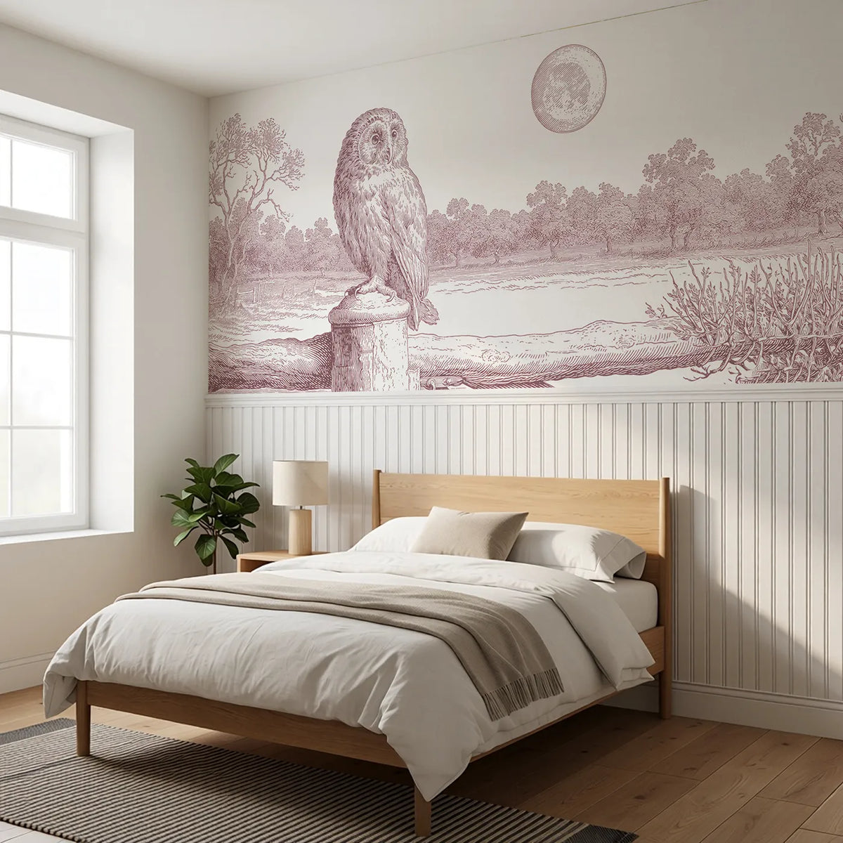 The Owl At Moonrise Wainscoting Wallpaper in Pink styled in a kids room by Whimsy Tots