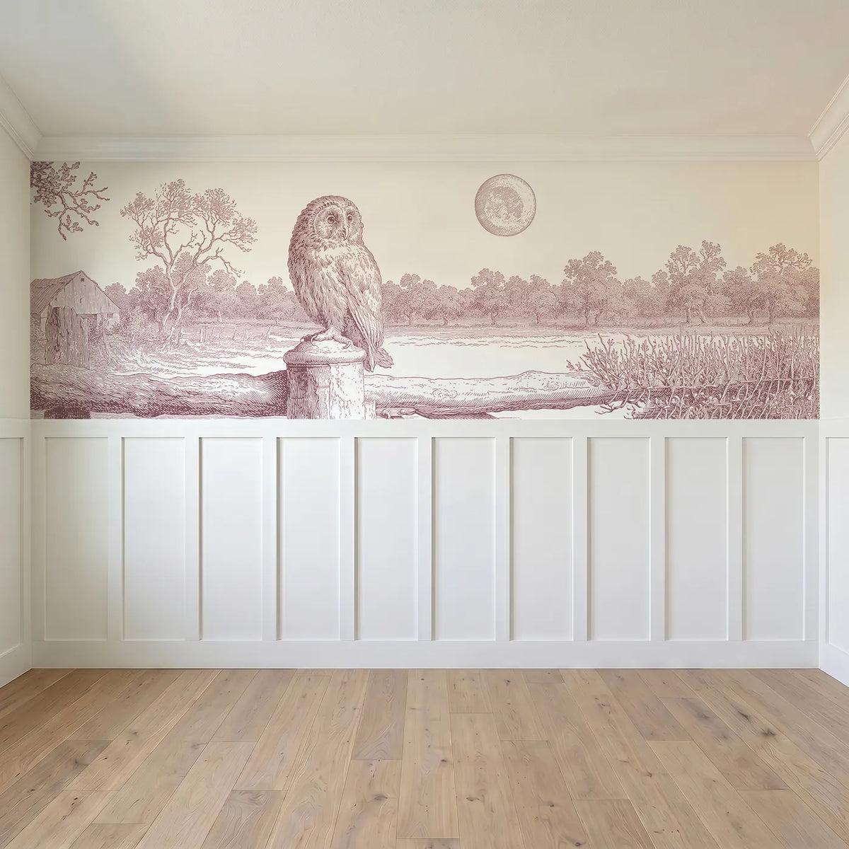 Full panel view of The Owl At Moonrise Wainscoting Wallpaper in Pink by Whimsy Tots