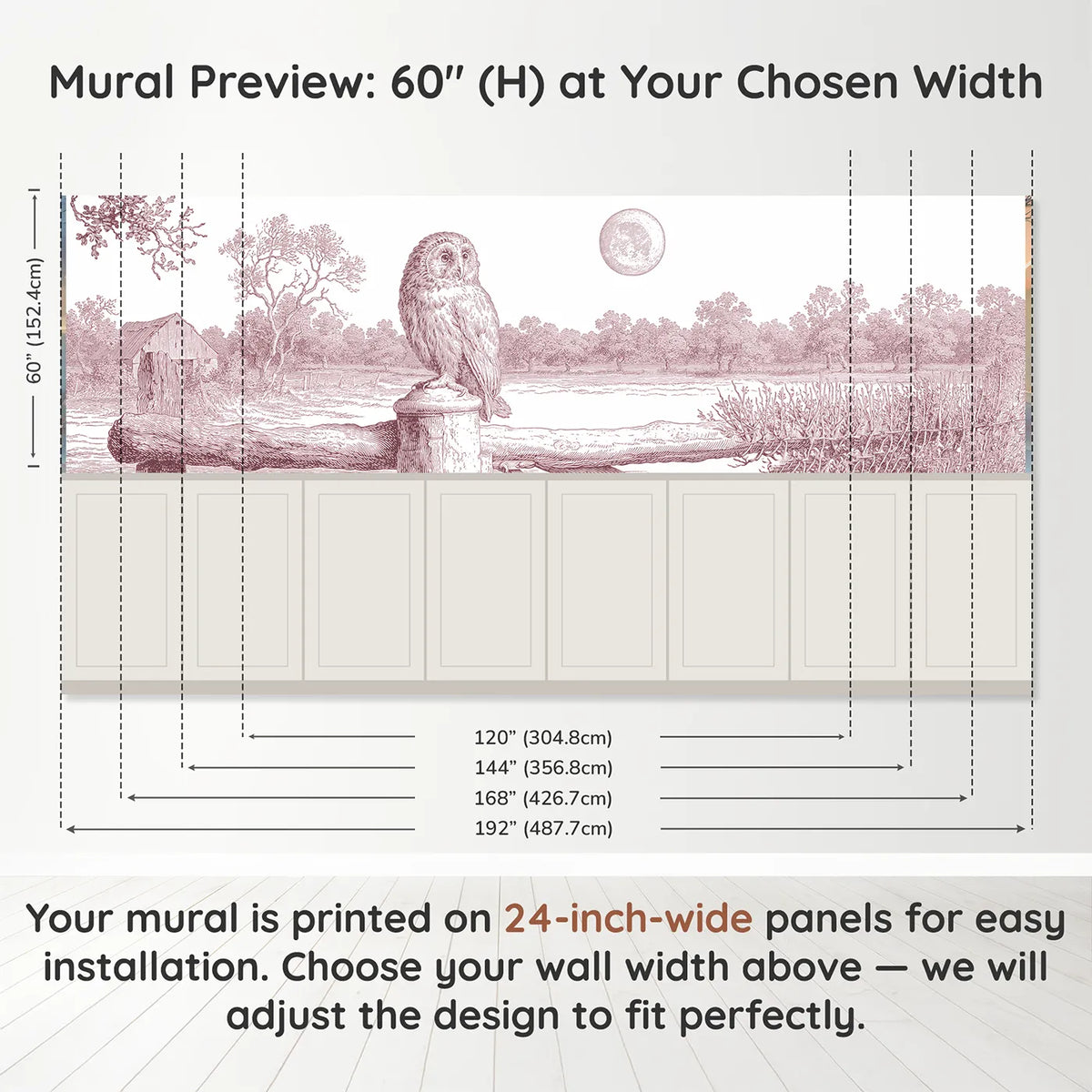 Panel dimensions for The Owl At Moonrise Wainscoting Wallpaper in Pink by Whimsy Tots