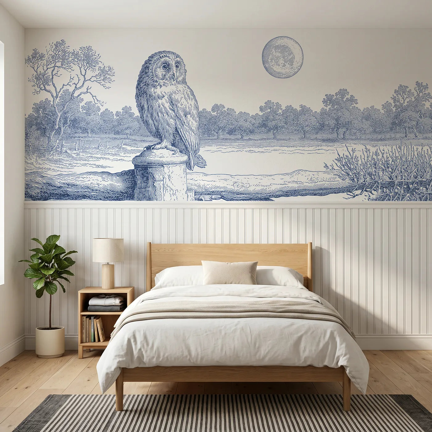 Toile wainscoting wallpaper of the owl at moonrise by Whimsy Tots