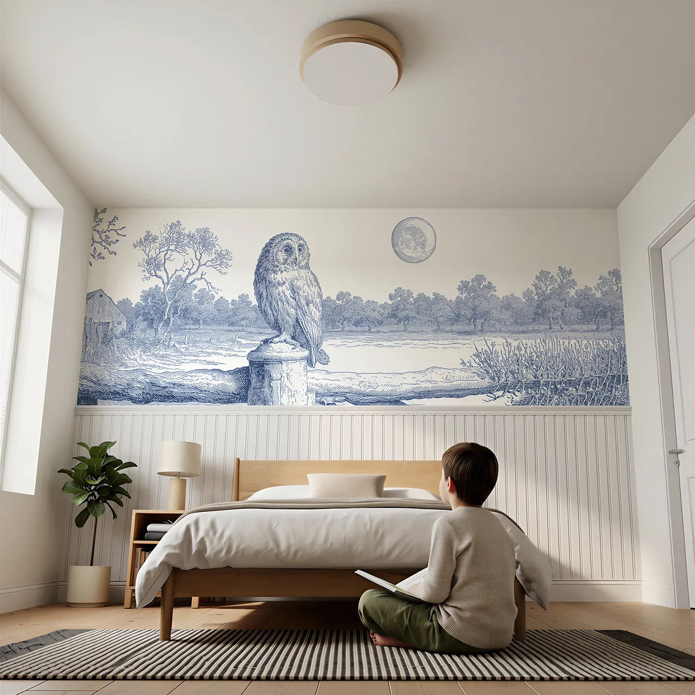 Child reading near The Owl At Moonrise Wainscoting Wallpaper by Whimsy Tots