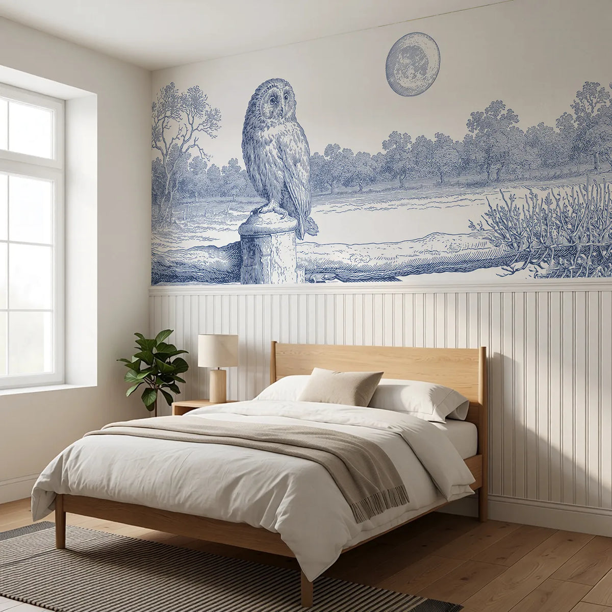 The Owl At Moonrise Wainscoting Wallpaper styled in a kids room by Whimsy Tots