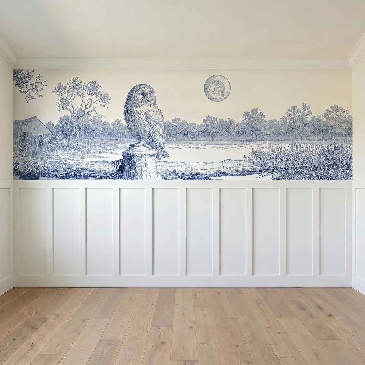Full panel view of The Owl At Moonrise Wainscoting Wallpaper by Whimsy Tots